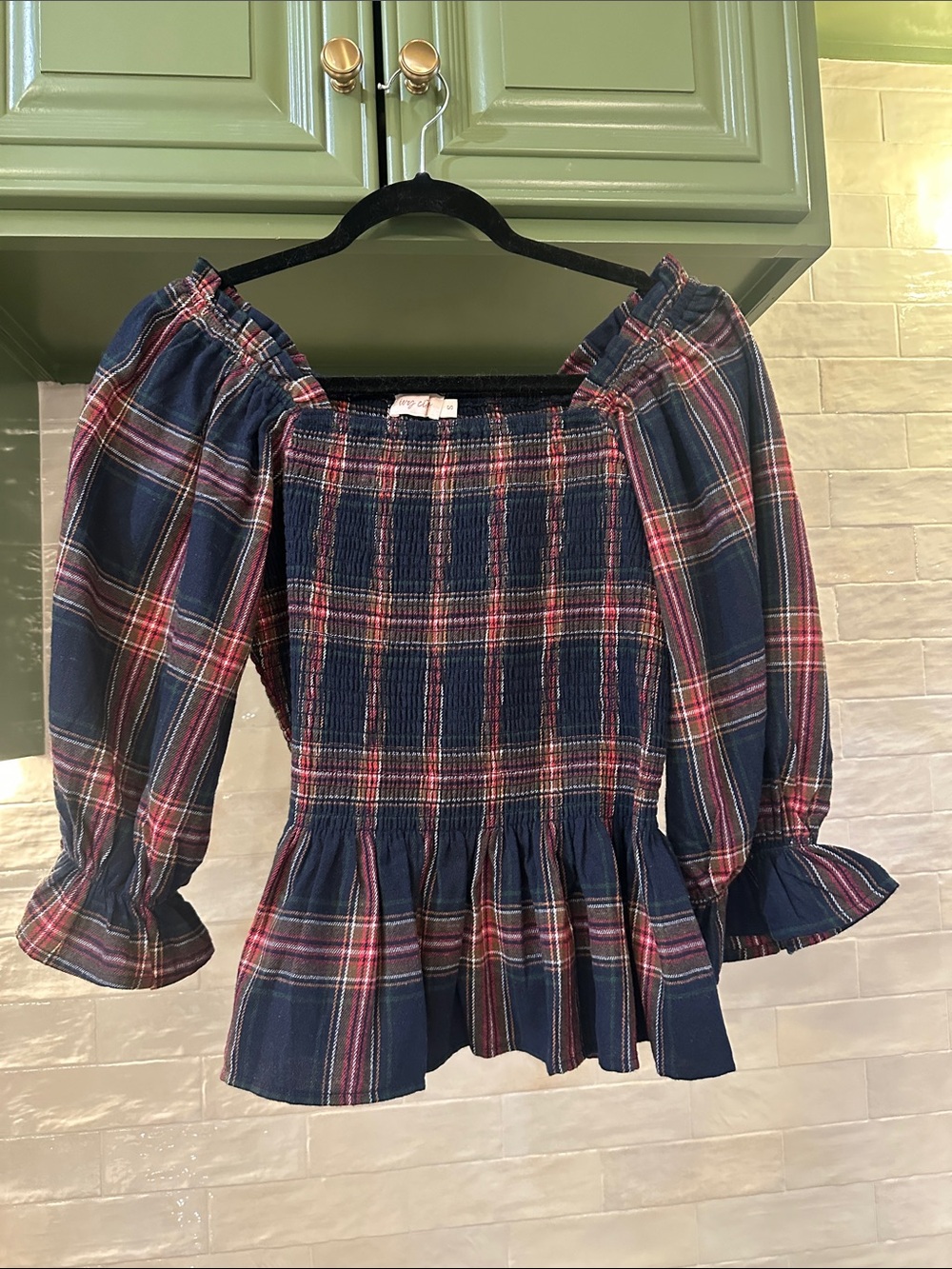 Ivy City Co Navy Plaid Smocked Off-Shoulder Peplum Top